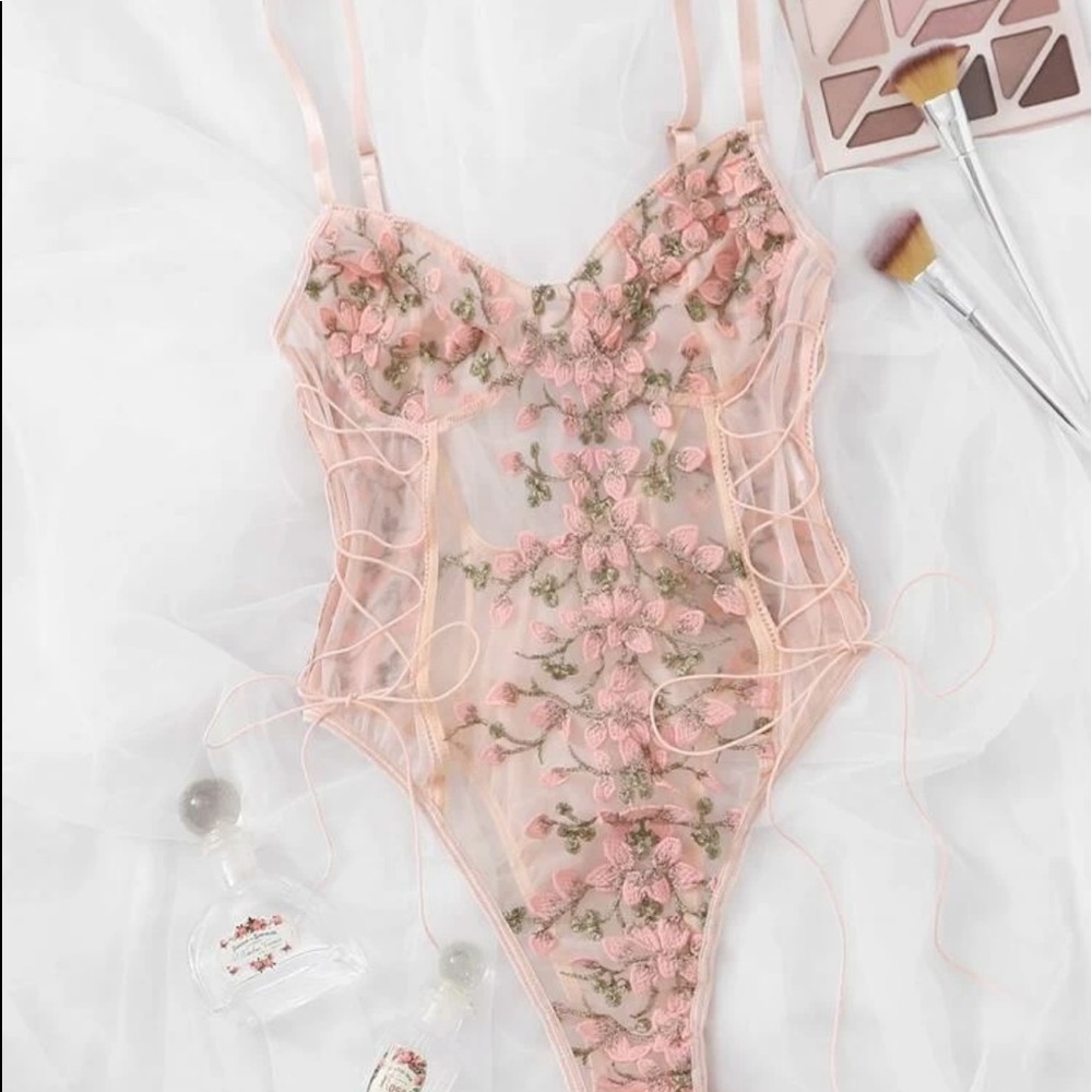 Lace Mesh Floral One Piece Bodysuit Lingerie Top - Picture 11 of 16